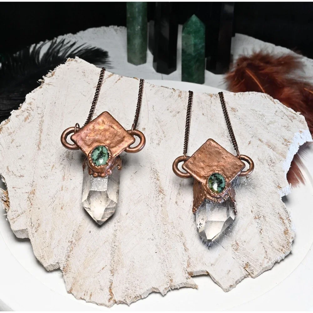 Copper Electroformed Diamond Green Jasper Quartz Crystal Necklace
